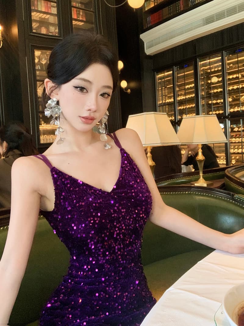 재고 상품 실사 홍콩 스타 돌아 가기 보라색 스팽글 백리스 롱 스커트 바닥 청소 생일 partry 연례 회의 예복 연회 치마 상세 이미지 14