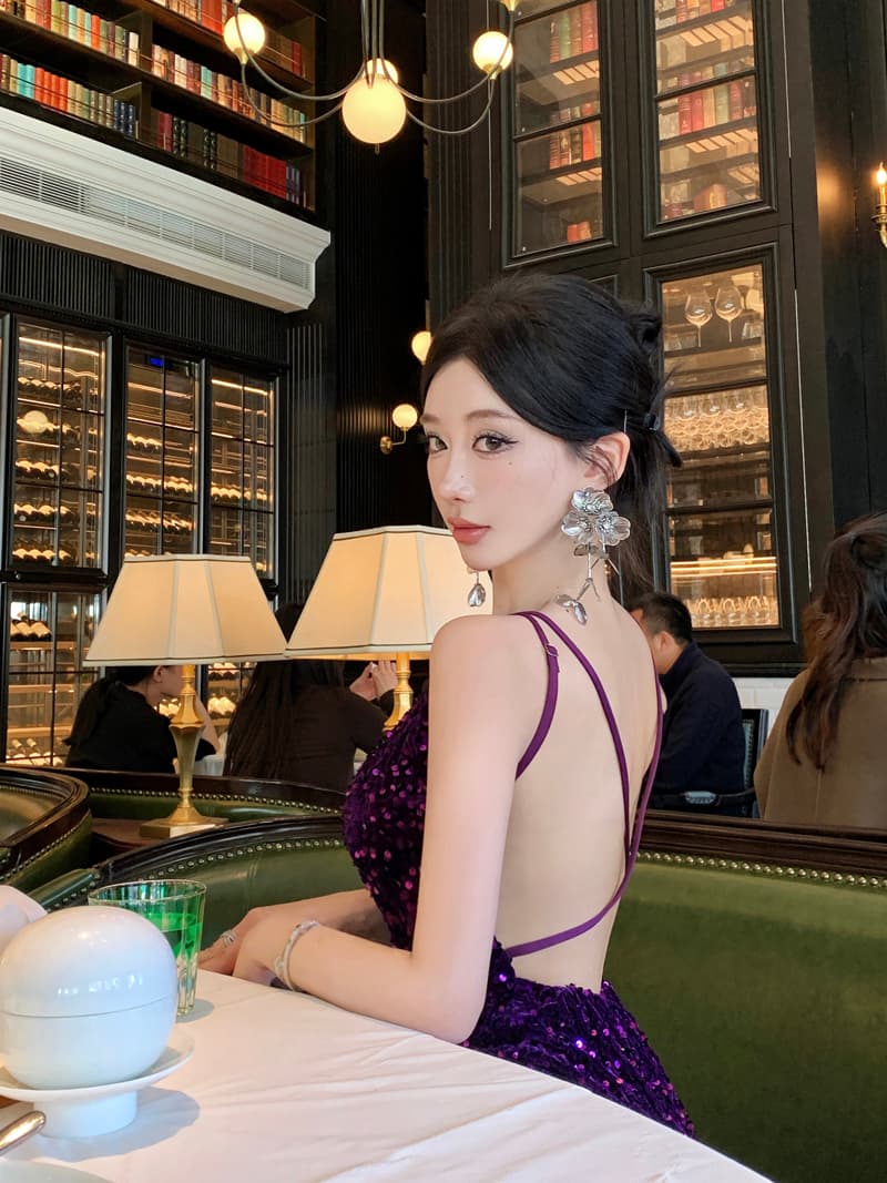 재고 상품 실사 크리스마스 이브닝 드레스 빨간색 스팽글 드레스 섹시함 백리스 연례 회의 예복 성인식 연회 치마 상세 이미지 13