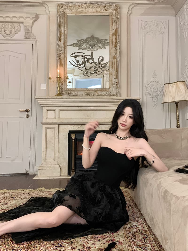 크리스마스 설날 연례 회의 예복 섹시함 로얄 자매 cos 여왕 허리 몸매 가꾸기 망사 롱 스커트 검정색 롱 스커트 상세 이미지 2