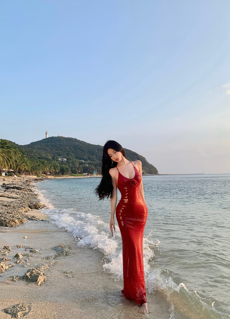 빨간색 스팽글 V넥 예복 치마 결혼식 토스트 서비스 섹시함 핫걸 타이트 스커트 연회 연례 회의 치마 생일 치마 상세 이미지 16
