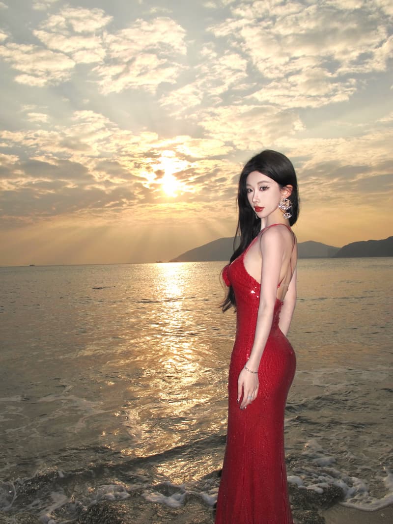 빨간색 스팽글 V넥 예복 치마 결혼식 토스트 서비스 섹시함 핫걸 타이트 스커트 연회 연례 회의 치마 생일 치마 상세 이미지 21