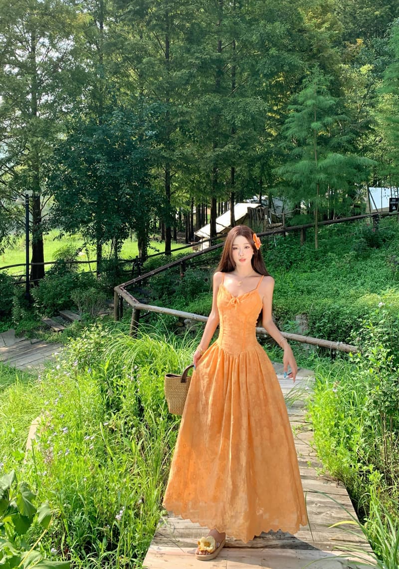 초원 휴가 바람 도파민 아름다운 주황색 질감 센스 자수 슬립 롱 스커트 분위기 센스 섬 해변 치마 상세 이미지 8