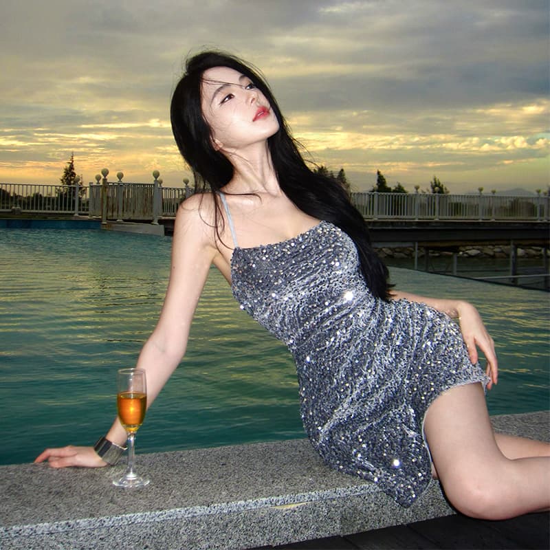 은하계 깜박임 플래시 조각 치마 슬립 생일 치마 스팽글 작은 드레스 여성 섹시함 백리스 미니 스커트 크리스마스 연례 회의 치마 이미지 6