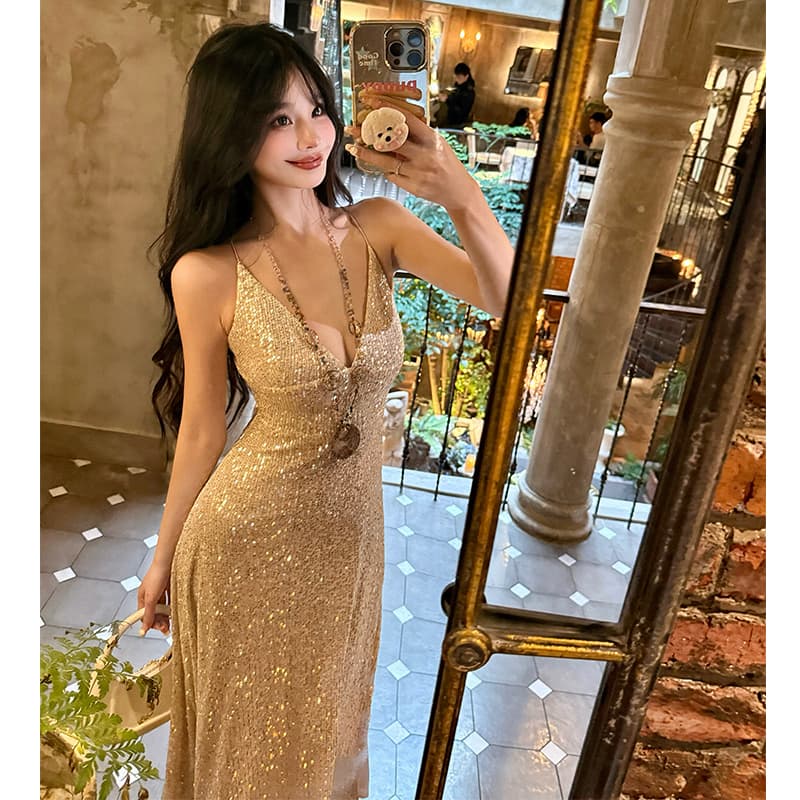 실사 달빛 신기루 성인식 졸업 생일 연회 이브닝 드레스 슬립 스팽글 드레스 연례 회의 치마 크리스마스 이미지 5