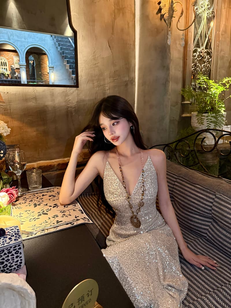 실사 달빛 신기루 성인식 졸업 생일 연회 이브닝 드레스 슬립 스팽글 드레스 연례 회의 치마 크리스마스 상세 이미지 8