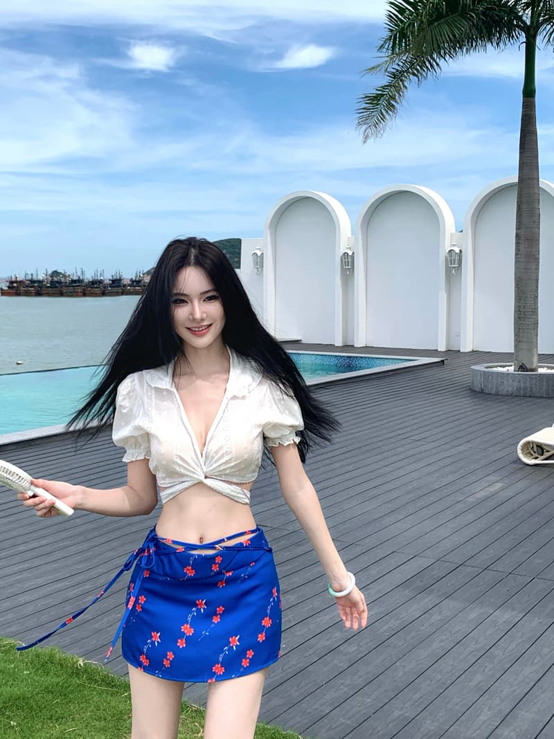 프랑스식 홀로우 아웃 자카드 화이트 셔츠 반팔 맨위 파란색 꽃무늬 반신 스커트 작은 키 A라인 스커트 미니 스커트 상세 이미지 13