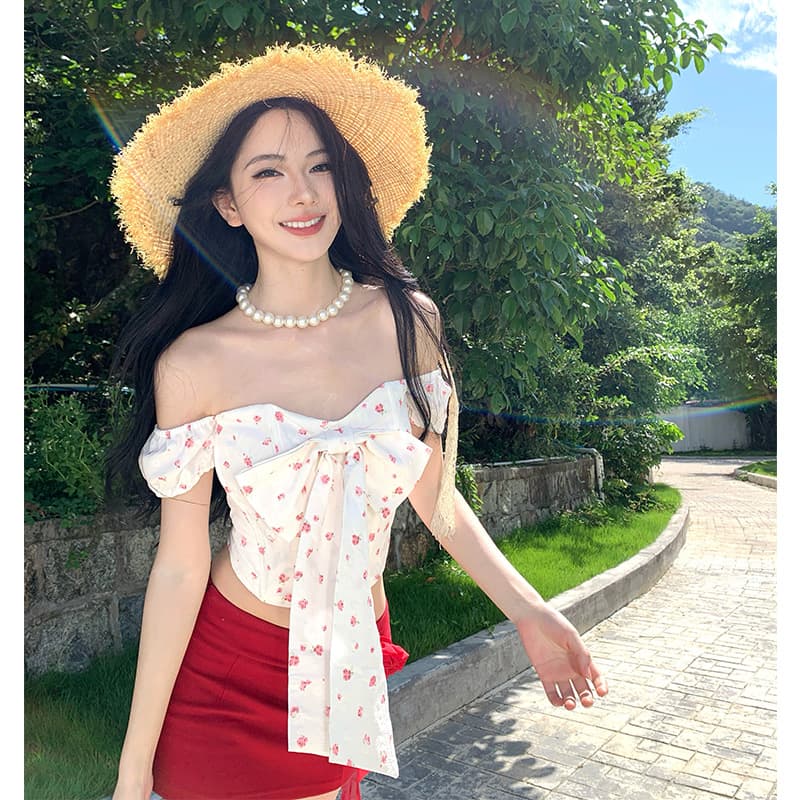 휴가 빨간색 치마 열파 네온 나비 매듭 작은 꽃무늬 연령 감소 세트 오프숄더 여성 여름 미니 스커트 투피스 세트 이미지 2