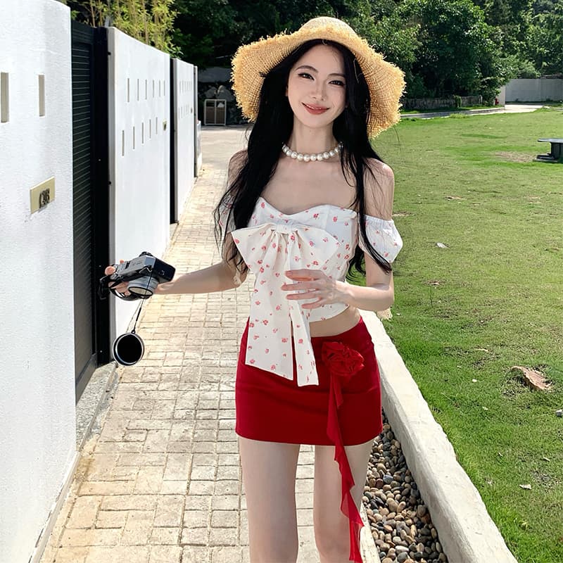 휴가 빨간색 치마 열파 네온 나비 매듭 작은 꽃무늬 연령 감소 세트 오프숄더 여성 여름 미니 스커트 투피스 세트 이미지 3
