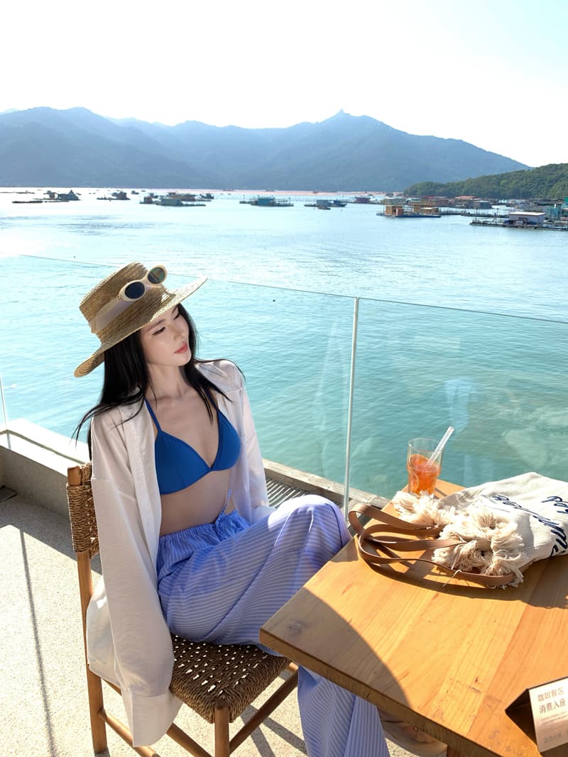 파란색 행침 목 삼각형 컵 비키니 해변 해변가 휴가 자외선 차단 의류 비키니 블라우스 코디 블루 기사 바지 상세 이미지 13