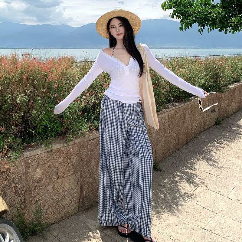 달콤한 매운맛 순수한 욕망 천년기 바람 긴팔 블라우스 해변가 자외선 차단 의류 체크무늬 비키니 해변가 휴가 자외선 차단 긴 바지 이미지 2