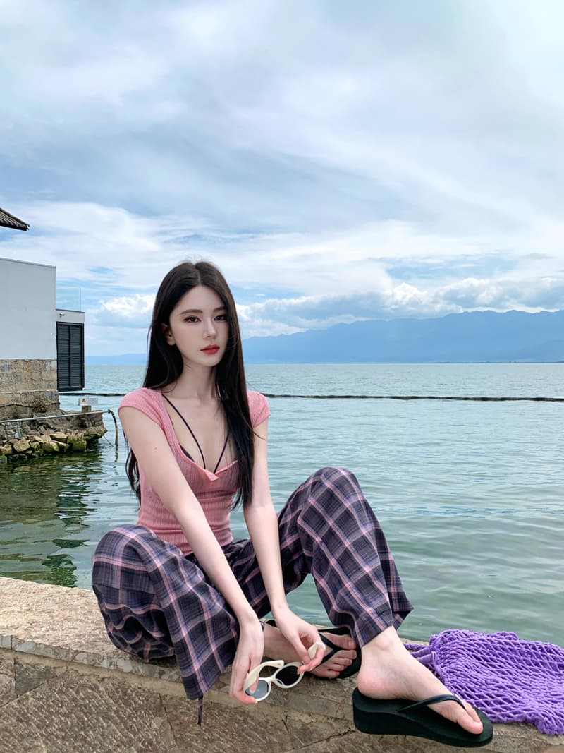 천년기 핫걸 바람 달콤한 매운맛 바람 블라우스 체크무늬 인사이드 가져 가라. 비키니 세트 체크무늬 넓은 다리 길이 바지 3종 세트 상세 이미지 4