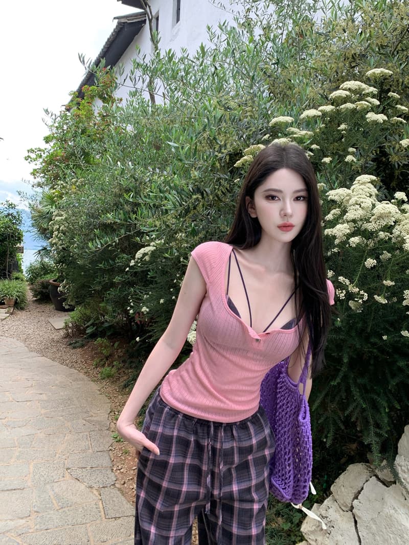 천년기 핫걸 바람 달콤한 매운맛 바람 블라우스 체크무늬 인사이드 가져 가라. 비키니 세트 체크무늬 넓은 다리 길이 바지 3종 세트 상세 이미지 6