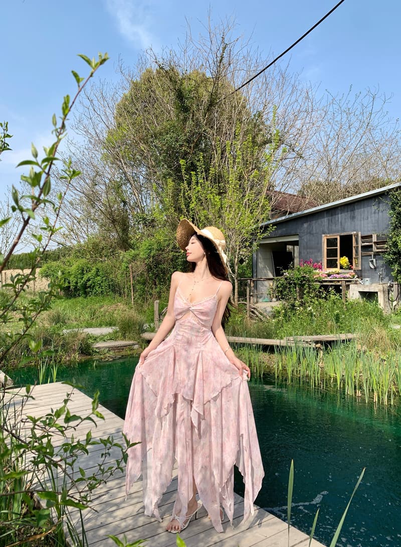 해변가 분위기 센스 드레스 여러 단계 레이스 조각 헤일로 염색 프린트 휴가 슬립 드레스 순수한 욕망 롱 스커트 상세 이미지 15
