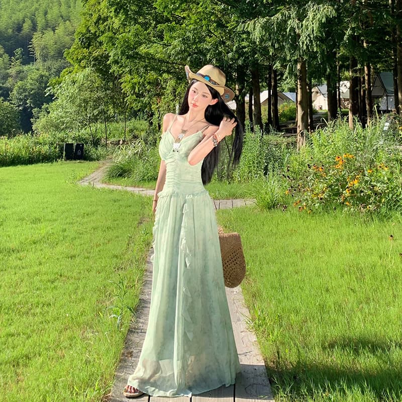 디스플레이 화이트 밝은 녹색 치마 슬립 드레스 프릴 주름 요정 치마 롱 스커트 포함 가슴 패드 쉬폰 스커트 이미지 5
