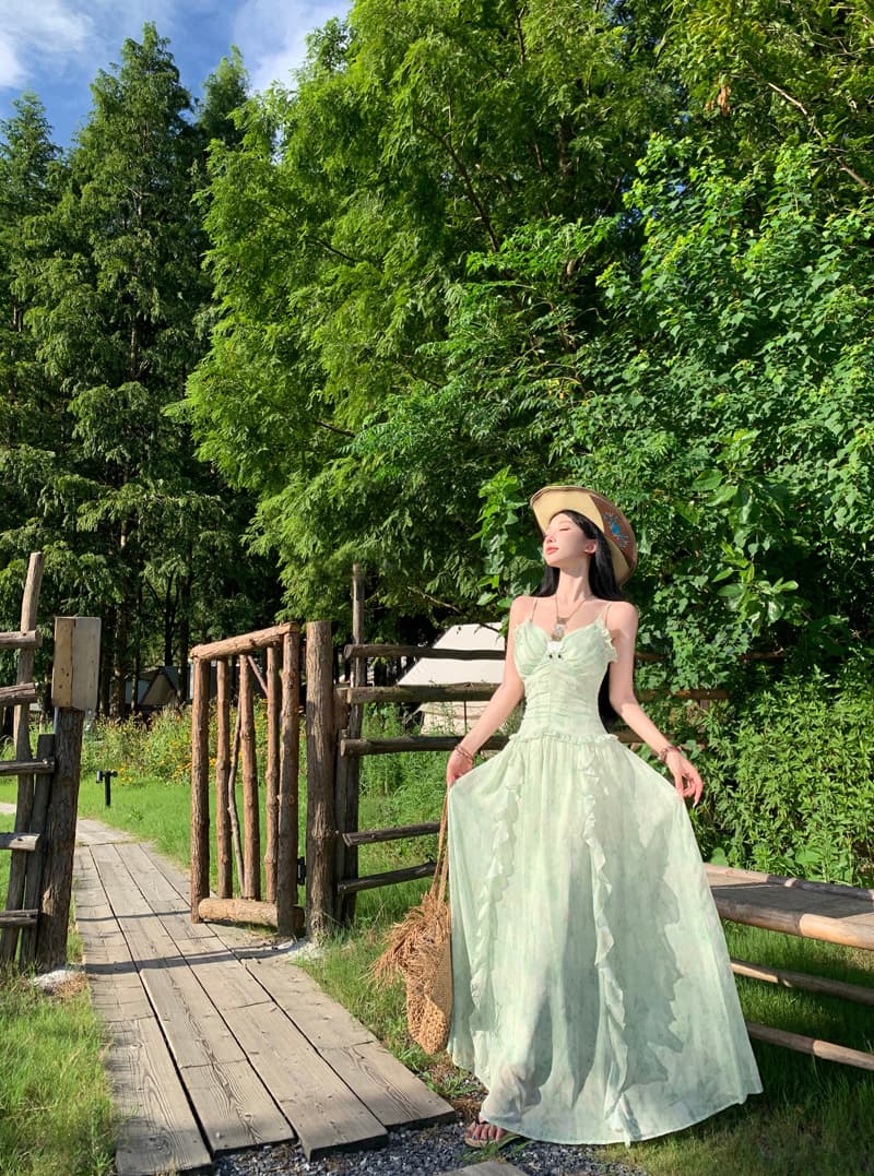 디스플레이 화이트 밝은 녹색 치마 슬립 드레스 프릴 주름 요정 치마 롱 스커트 포함 가슴 패드 쉬폰 스커트 상세 이미지 3