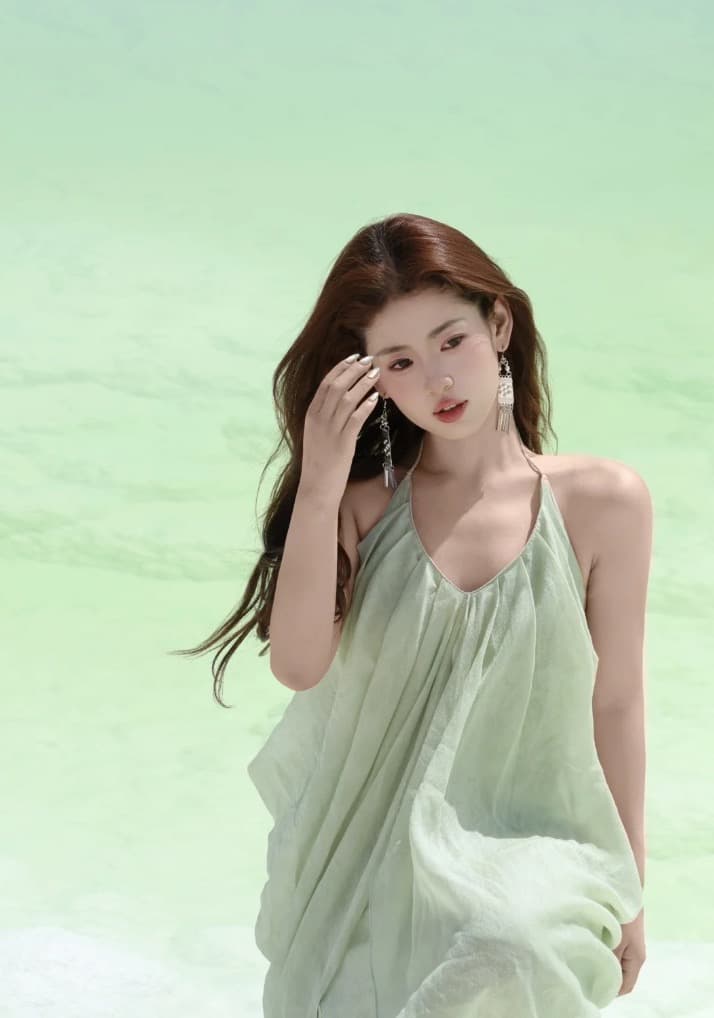 박하 녹색 행침 목 슬립 드레스 여름 새로운 루즈핏 느긋한 바람 해변가 휴가 슬림해 보이는 요정 롱 스커트