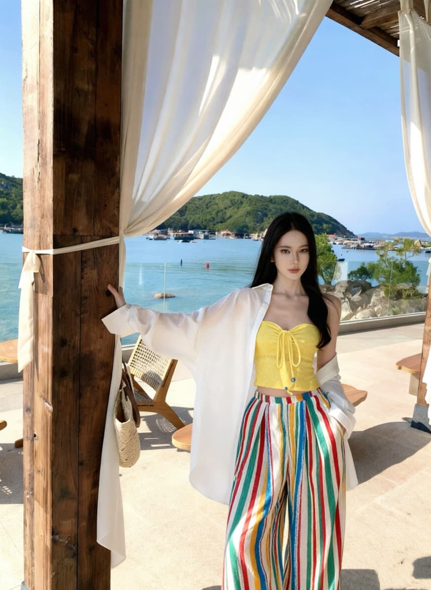 디스플레이 화이트 파란색 비키니 코디 화이트 셔츠 오래된 돈 바람 라미 셔츠 해변가 휴가 무지개 스트라이프 셔츠 상세 이미지 8