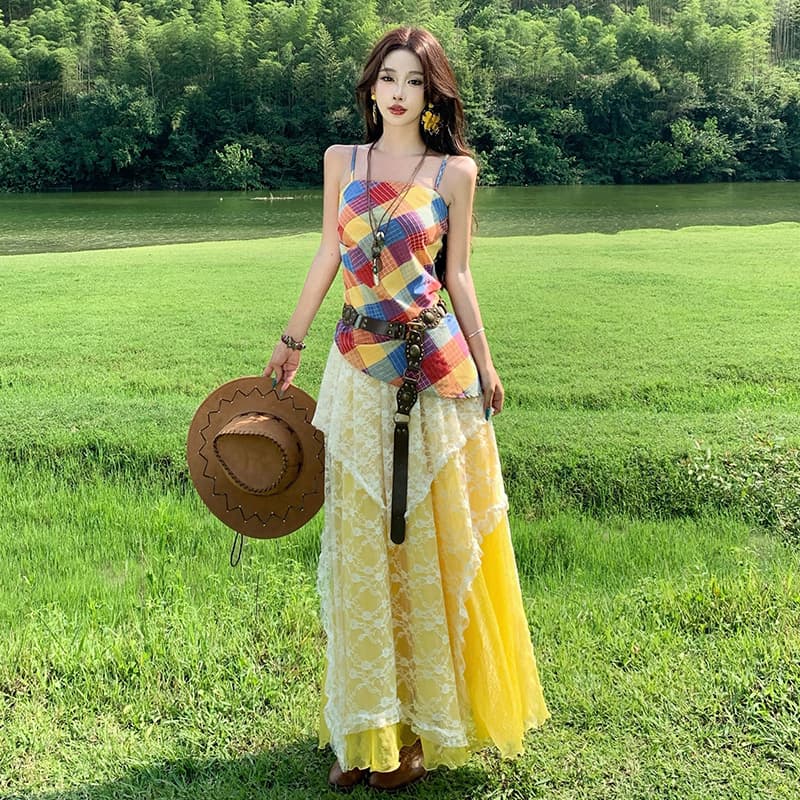 운남 관광 휴가 세트 보헤미안 색상 체크무늬 슬립 패치워크 레이스 드레스 휴가 바람 드레스 이미지 3