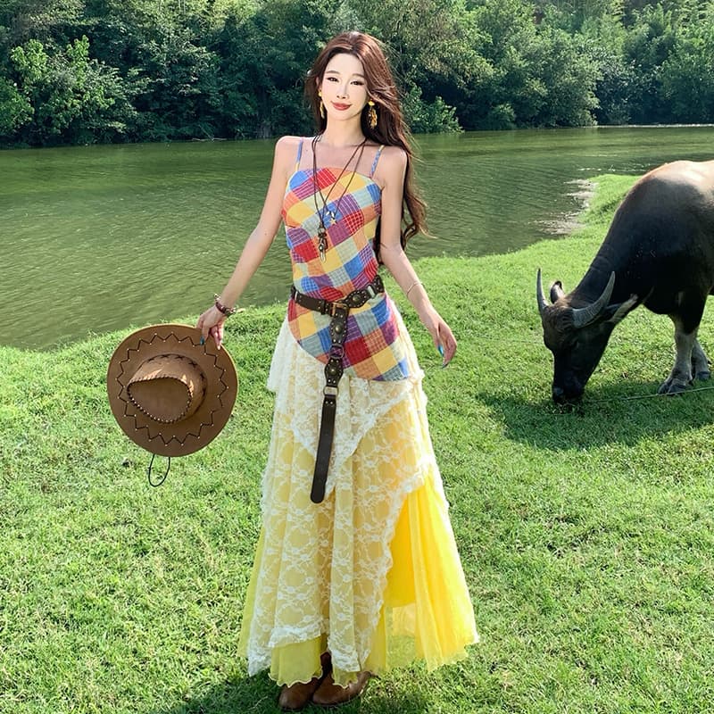 운남 관광 휴가 세트 보헤미안 색상 체크무늬 슬립 패치워크 레이스 드레스 휴가 바람 드레스 이미지 5