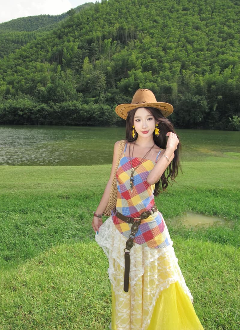 운남 관광 휴가 세트 보헤미안 색상 체크무늬 슬립 패치워크 레이스 드레스 휴가 바람 드레스 상세 이미지 6