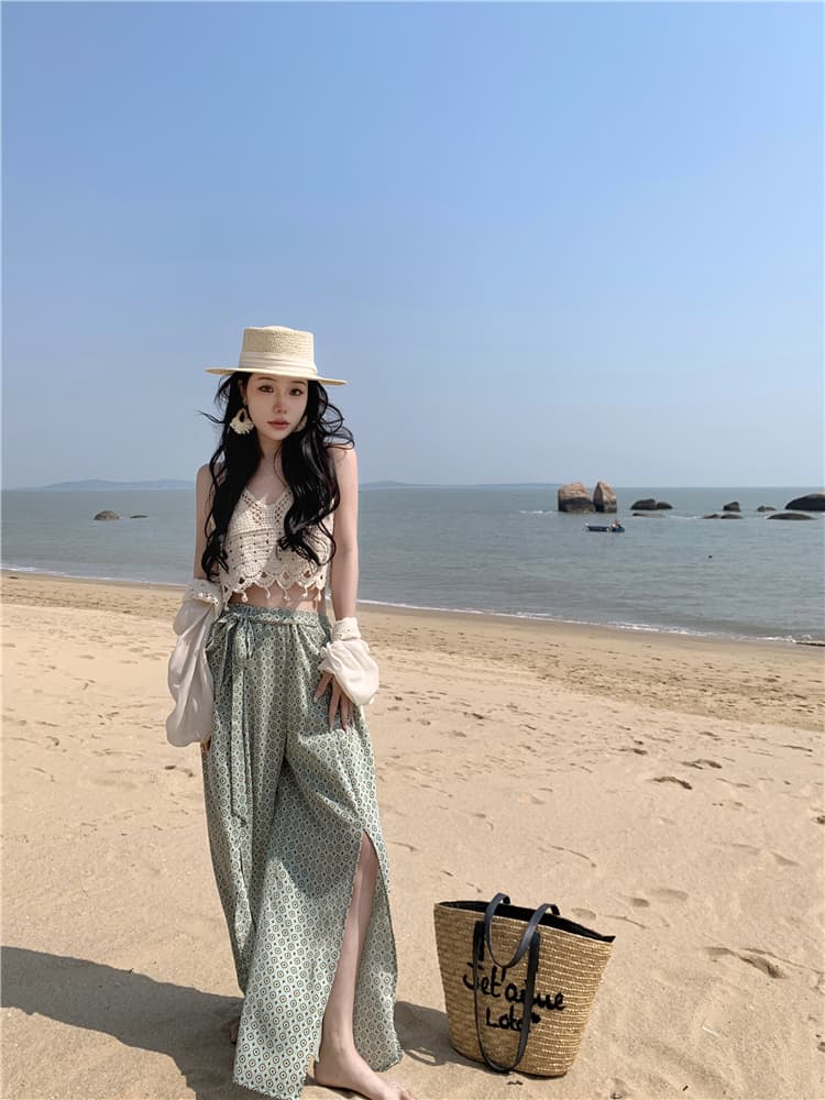 해변가 휴가 바람 홀로우 아웃 캐미솔 비키니 트임 쉬폰 와이드 레그 팬츠 세트 여성 여름 해변 자외선 차단 복 상세 이미지 4