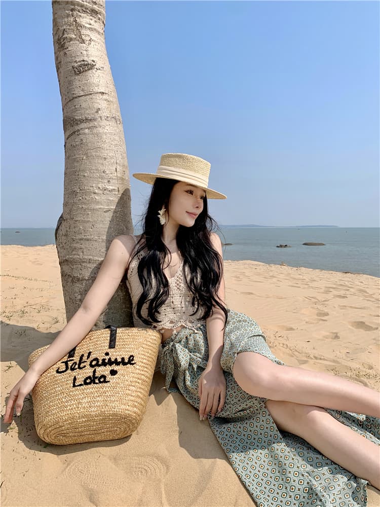 해변가 휴가 바람 홀로우 아웃 캐미솔 비키니 트임 쉬폰 와이드 레그 팬츠 세트 여성 여름 해변 자외선 차단 복 상세 이미지 12