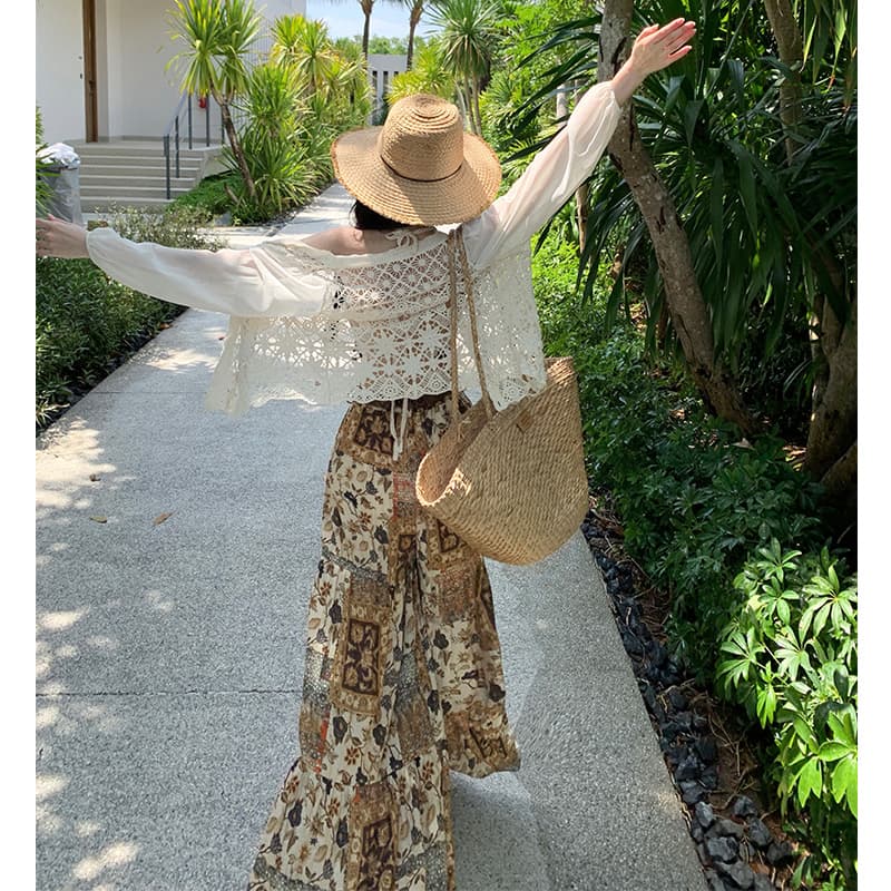 보헤미안 프린트 하이웨이스트 와이드 레그 팬츠 나팔 바지 운남 태국 여행 바닥 청소 바지 비키니 슬립 이미지 3