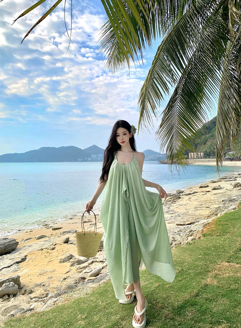 실사 순수한 욕망 섹시함 백리스 행침 목 슬립 여성 드레스 여름 휴가 주름 롱 스커트 녹색 디스플레이 화이트 치마 상세 이미지 7
