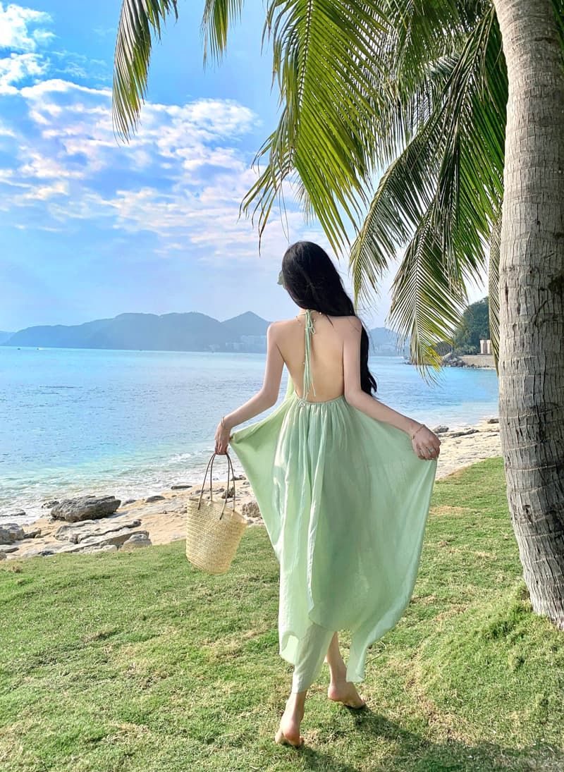 실사 순수한 욕망 섹시함 백리스 행침 목 슬립 여성 드레스 여름 휴가 주름 롱 스커트 녹색 디스플레이 화이트 치마 상세 이미지 10