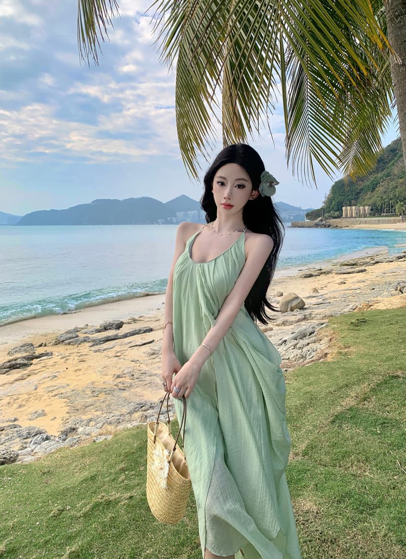 실사 순수한 욕망 섹시함 백리스 행침 목 슬립 여성 드레스 여름 휴가 주름 롱 스커트 녹색 디스플레이 화이트 치마 상세 이미지 14