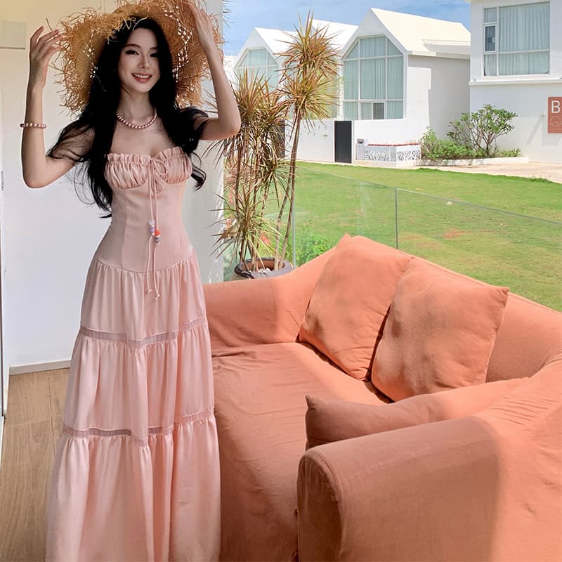 핑크색 섬 휴가 바람 새틴 펌프 Pleat 레이스업 튜브탑 슬립 여성 드레스 여름 홀로우 아웃 패치워크 길다 치마 이미지 2