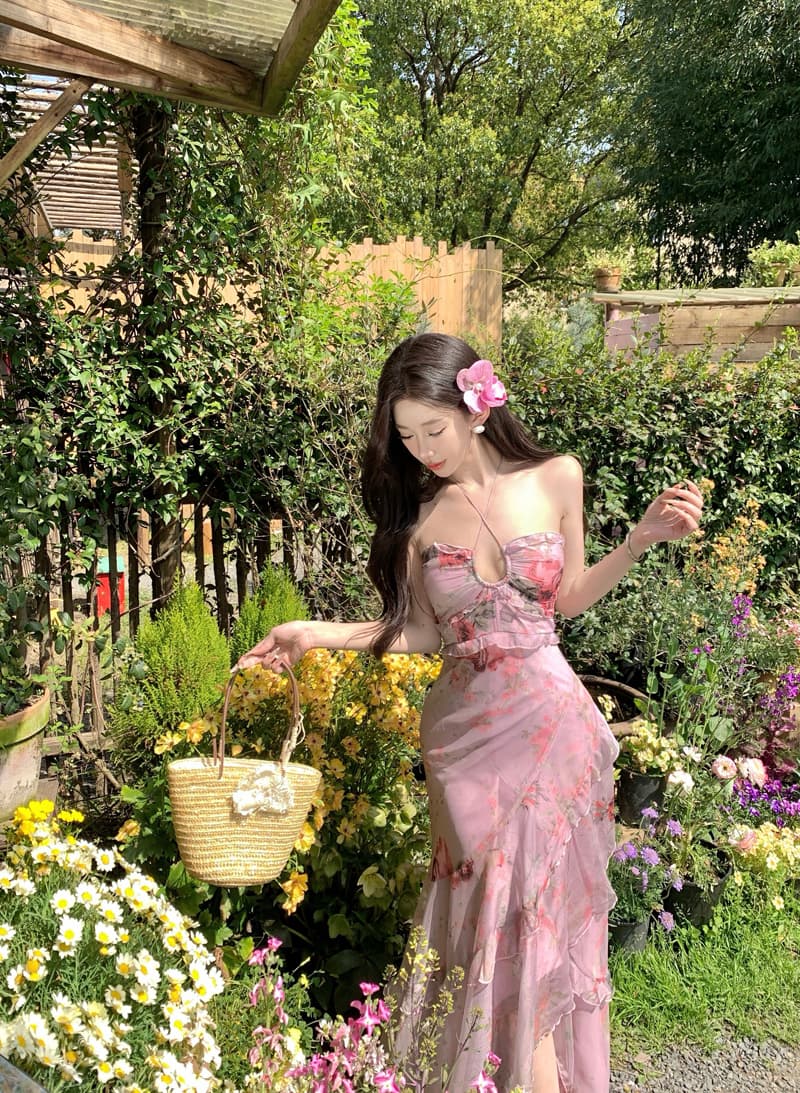 해변가 휴가 바람 행침 목 꽃무늬 여성 드레스 여름 프랑스식 튜브탑 허리 수축 슬림해 보이는 휴가 바람이 아닙니다. 규칙 롱 스커트 상세 이미지 9