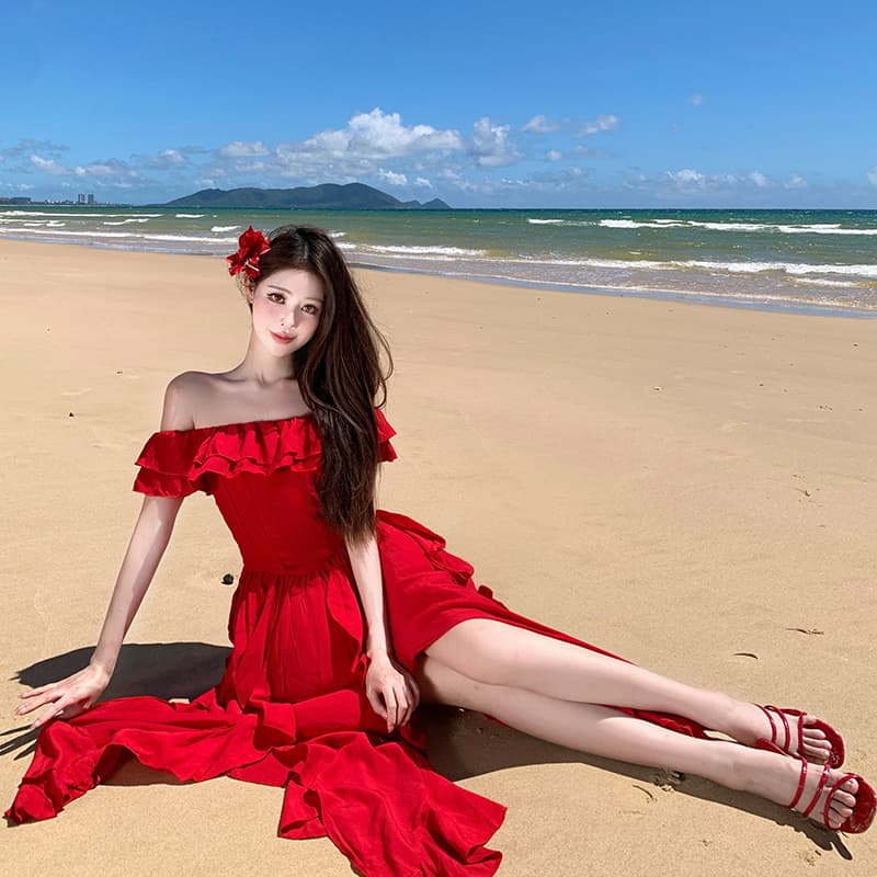 빨간색 오프숄더 여성 드레스 여름 해변가 휴가 바람 프릴 디스플레이 화이트 롱 스커트 해변 여행 착용 가져 가라. 이미지 2