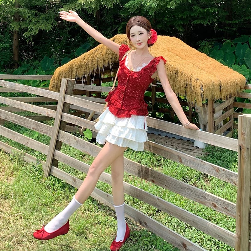 빨간색 도트 무늬 프릴 맨위 여성 여름 화이트 하이웨이스트 케이크 미니 스커트 세트 달콤함 휴가 바람 착용 가져 가라. 이미지 4