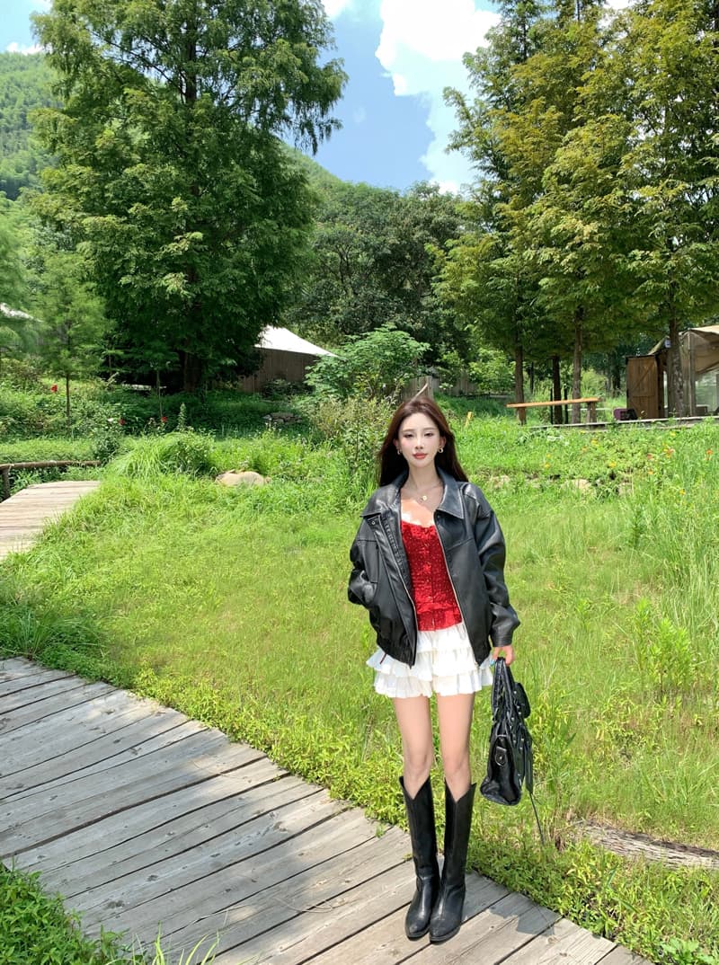 빨간색 도트 무늬 프릴 맨위 여성 여름 화이트 하이웨이스트 케이크 미니 스커트 세트 달콤함 휴가 바람 착용 가져 가라. 상세 이미지 15