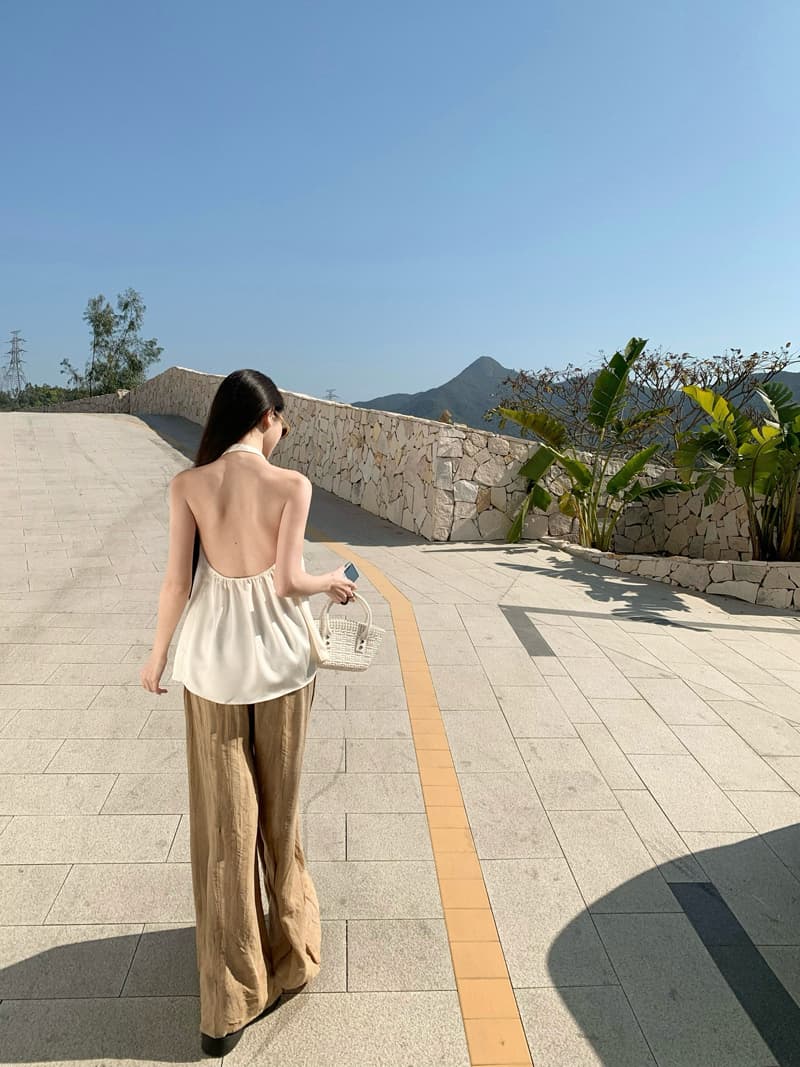 오래된 돈 바람 느긋한 세트 여성 여름 행침 목 백리스 맨위 하이웨이스트 와이드 레그 팬츠 투피스 세트 고급 센스 휴가 착용 가져 가라. 상세 이미지 10