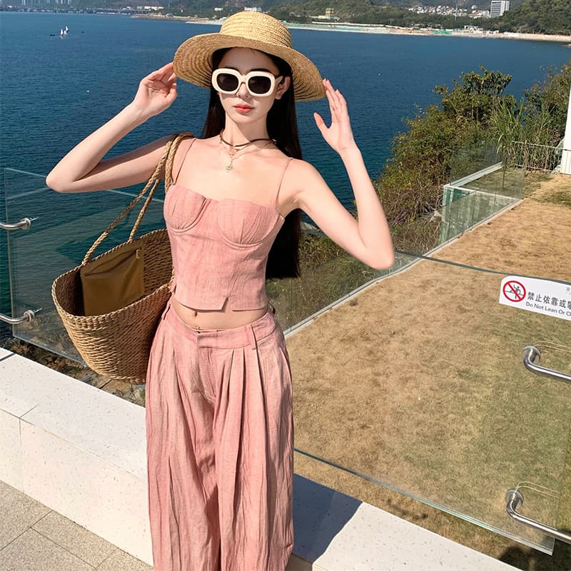 느긋한 오래된 돈 바람 해변가 휴가 슬림해 보이는 세트 핑크색 홀치기 염색 투피스 세트 캐미솔 와이드 레그 팬츠 이미지 6