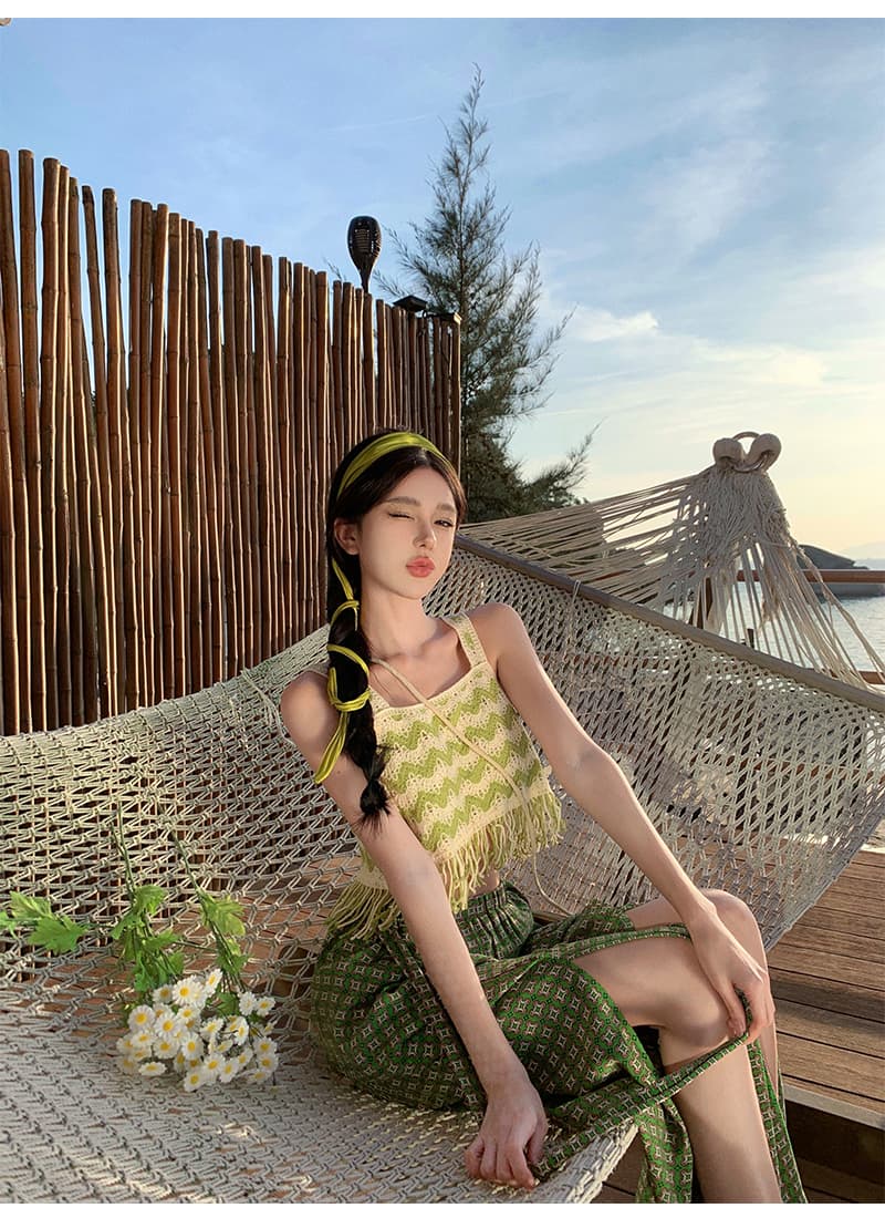 운남 삼아 관광 보헤미안 바람 녹색 체크무늬 하이웨이스트 와이드 레그 팬츠 해변가 휴가 술 슬립 세트 상세 이미지 10