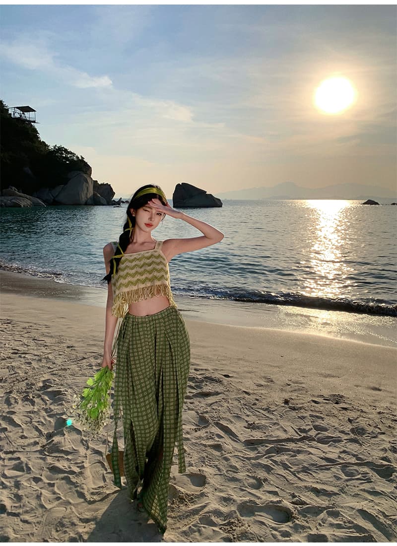 운남 삼아 관광 보헤미안 바람 녹색 체크무늬 하이웨이스트 와이드 레그 팬츠 해변가 휴가 술 슬립 세트 상세 이미지 12