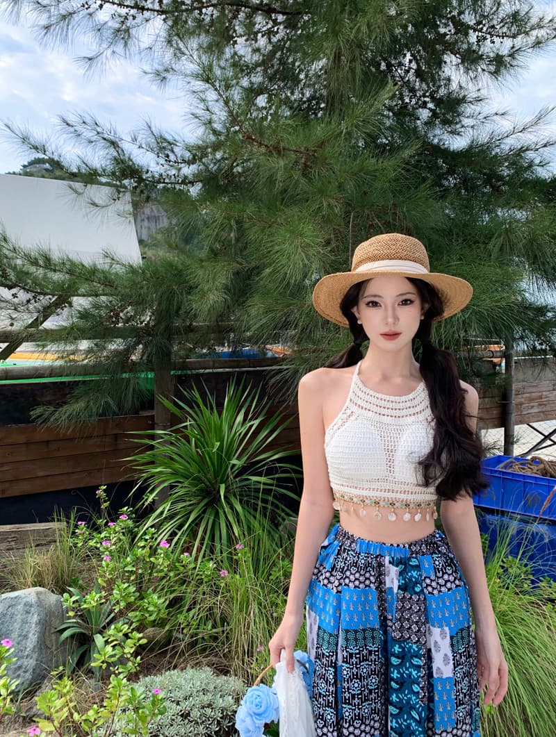 초원 휴가 착용 가져 가라. 행침 목 오프숄더 조끼 비키니 홀로우 아웃 자외선 차단 오픈 가디건 파란색 프린트 와이드 레그 팬츠 상세 이미지 4