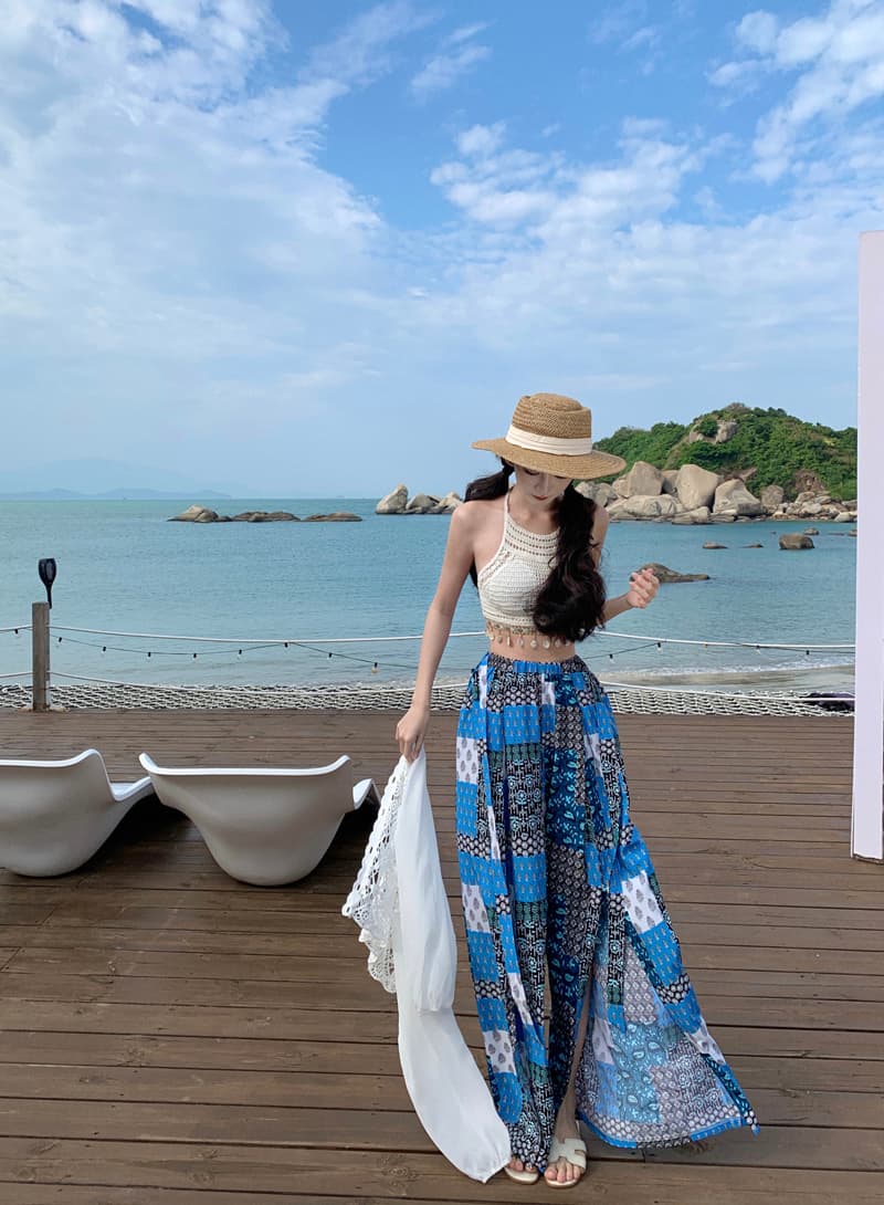 초원 휴가 착용 가져 가라. 행침 목 오프숄더 조끼 비키니 홀로우 아웃 자외선 차단 오픈 가디건 파란색 프린트 와이드 레그 팬츠 상세 이미지 15