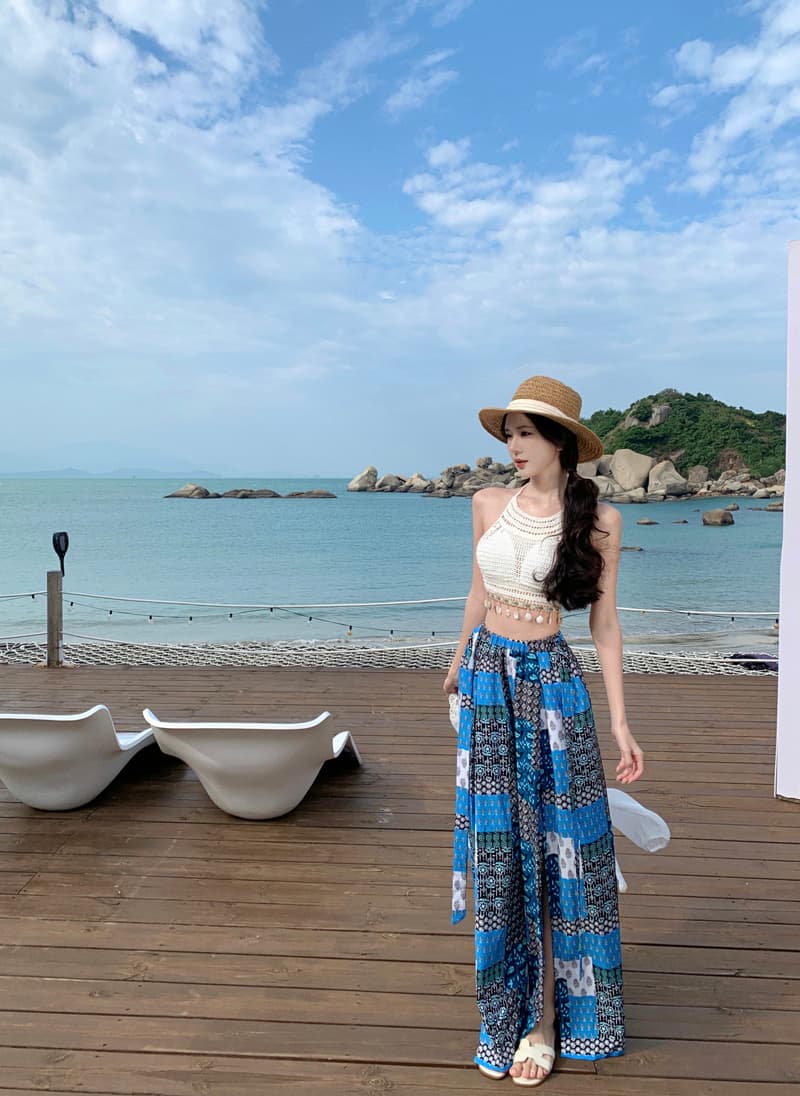 초원 휴가 착용 가져 가라. 행침 목 오프숄더 조끼 비키니 홀로우 아웃 자외선 차단 오픈 가디건 파란색 프린트 와이드 레그 팬츠 상세 이미지 16