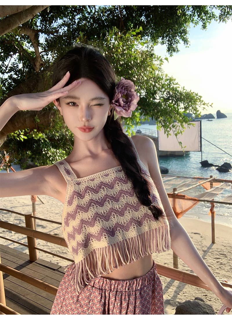 운남 삼아 관광 보헤미안 바람 보라색 분말 체크무늬 하이웨이스트 와이드 레그 팬츠 해변가 휴가 술 슬립 세트 이미지 4