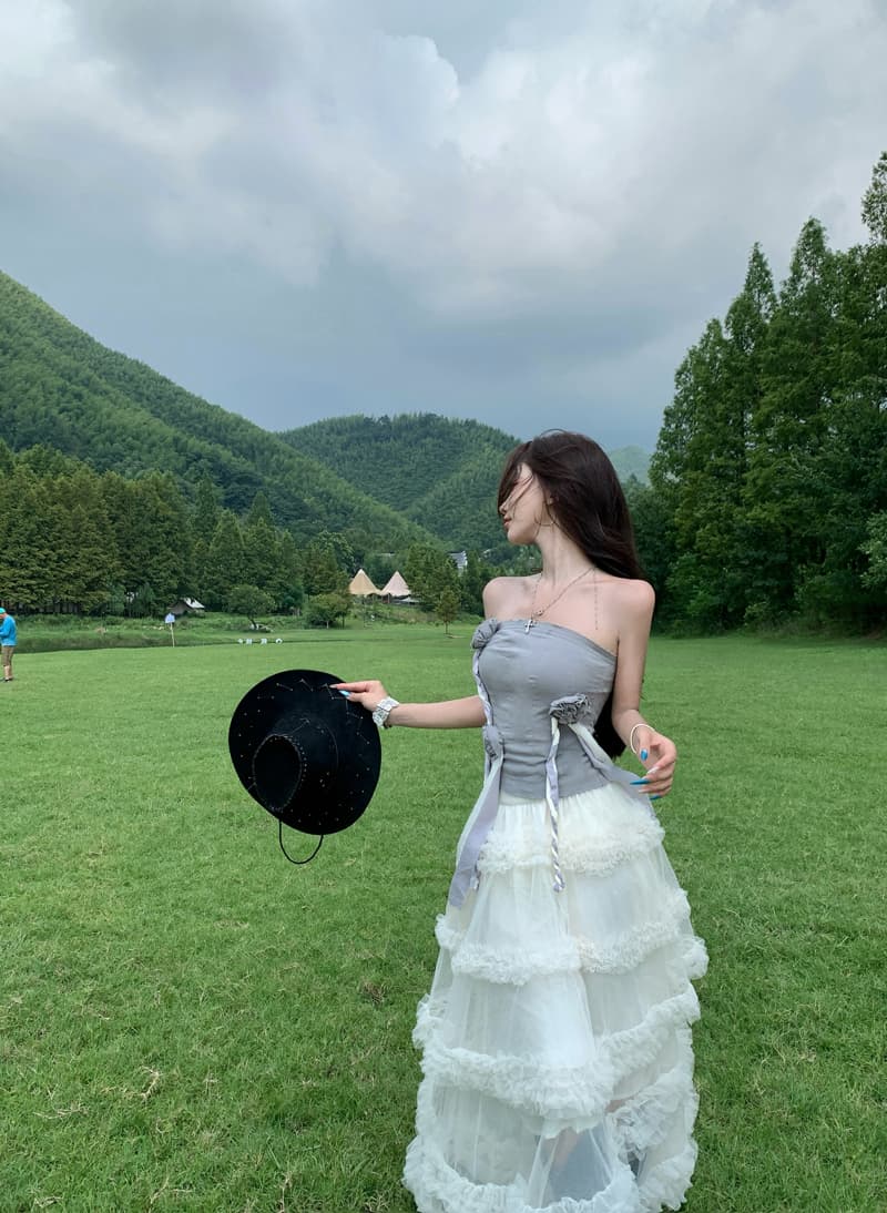 밀레니엄 캐주얼 휴가 바람 운남 관광 휴가 치마 요정 가스 케이크 드레스 여성 우아한 망사 롱 스커트 반신 스커트 상세 이미지 7