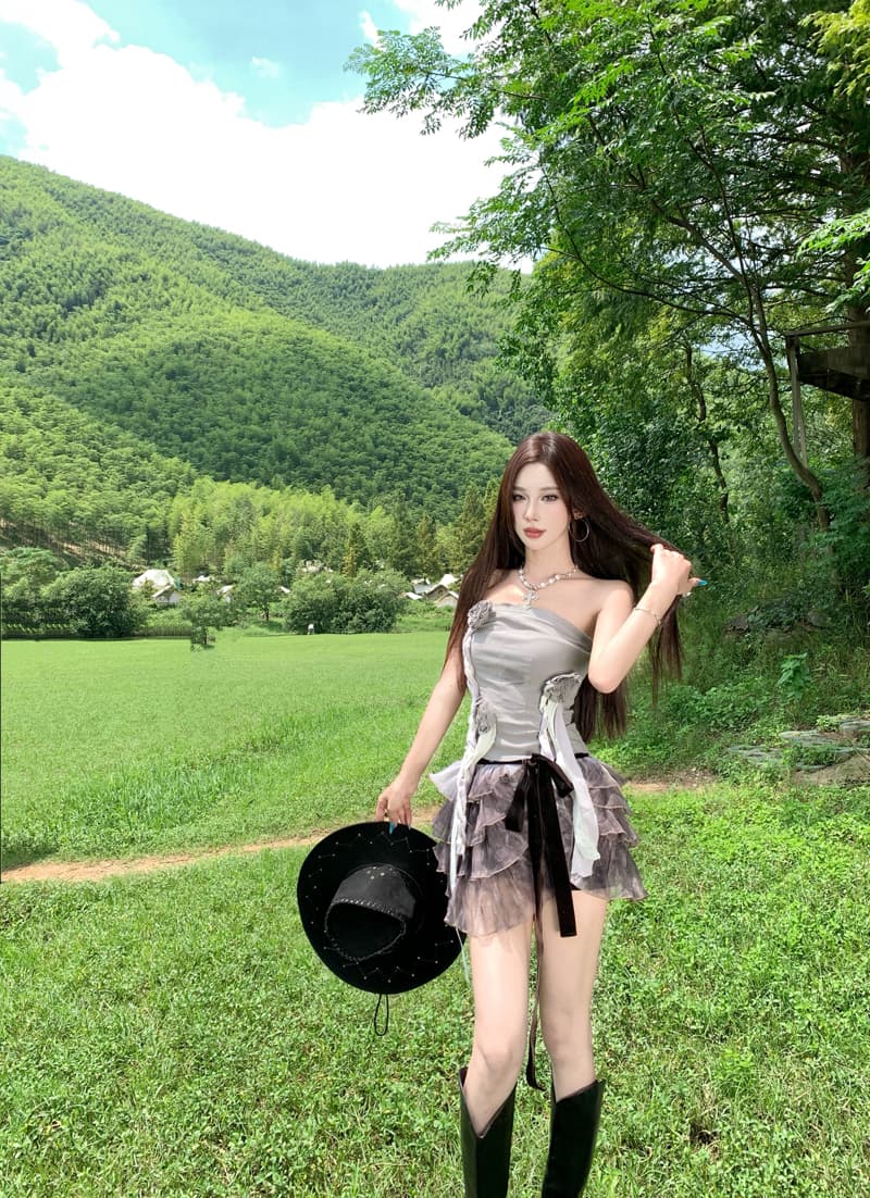 고대 조기 바람 달콤한 차가운 핫걸 디자인 센스 발레 바람 튜브탑 수공 꽃 무거운 작업 세트 홀치기 염색 케이크 드레스 휴가 치마 상세 이미지 5