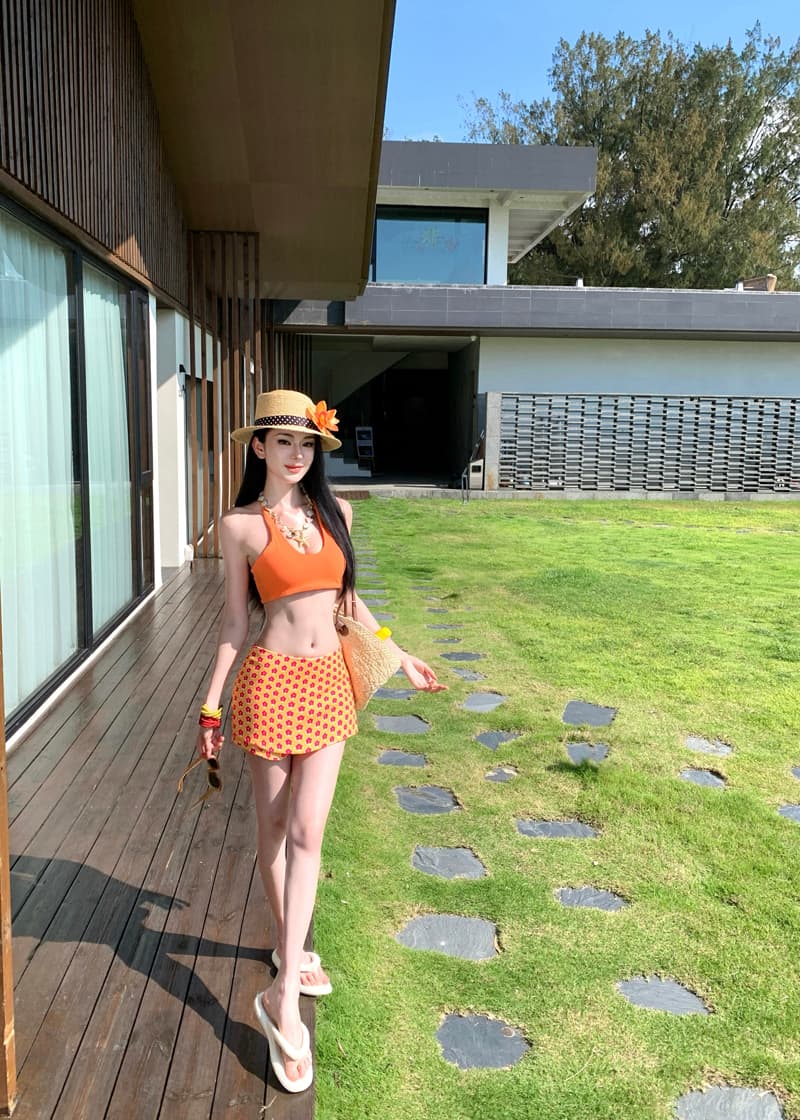 주황색 비키니 수영복 여성 3종 세트 꽃무늬 바지 태양 보호 셔츠 해변가 휴가 온천 여행 장비 상세 이미지 10
