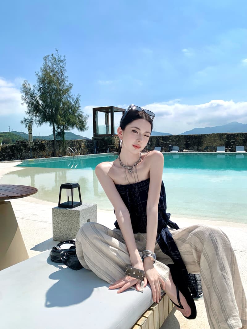 한 부서 고대 조기 바람 레트로 배색 체크무늬 외출용 튜브탑 핫걸 섹시함 조끼 여성 품격 리본 맨위 트렌디 상세 이미지 11