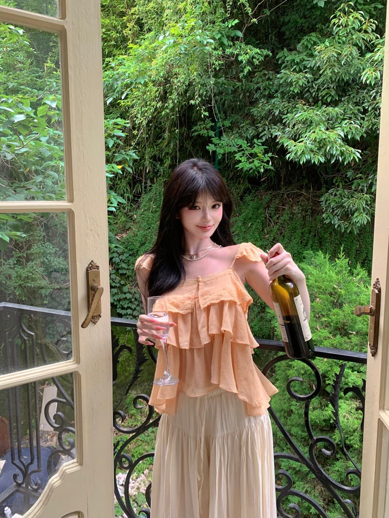여름 새로운 한 부서 레이스 레이스 패치워크 날다 소매 슬립 맨위 하이웨이스트 펌프 로프 와이드 레그 팬츠 두 조각 여성 세트 상세 이미지 6