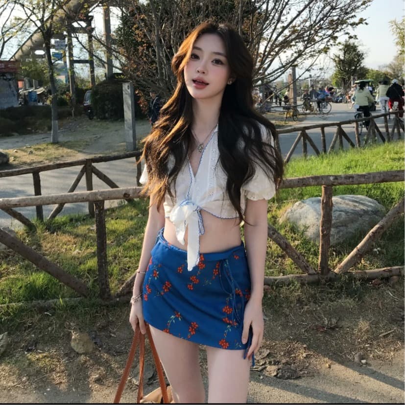 달콤한 매운맛 해변가 여행 세트 홀로우 아웃 레이스업 짧은 맨위 파란색 꽃무늬 타이트 스커트 미니 스커트 휴가 투피스 세트 이미지 5