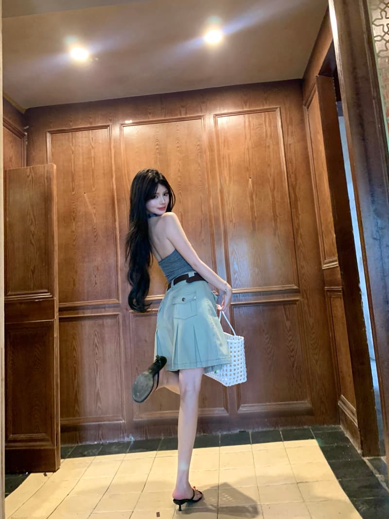 핫걸 행침 목 징 짧은 조끼 아메리칸 레트로 워크웨어 플리츠 중간 스커트 기타 주머니 워크웨어 치마 세트 상세 이미지 3